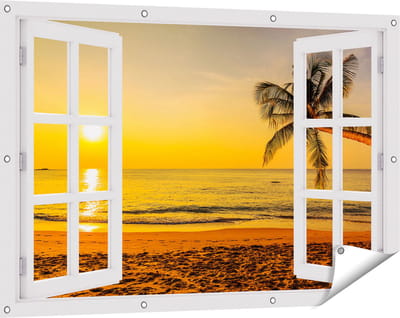 Gards Tuinposter Doorkijk Tropisch Strand tijdens Zonsondergang - 120x80 cm - Tuindoek - Tuindecoratie - Wanddecoratie buiten - Tuinschilderij