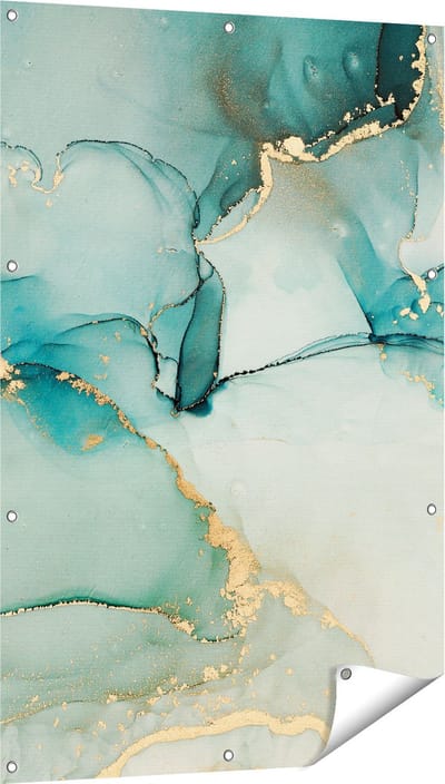Gards Tuinposter Abstracte Kunst - Blauwe Marmer met Goud - 80x120 cm - Tuindoek - Tuindecoratie - Wanddecoratie buiten - Tuinschilderij