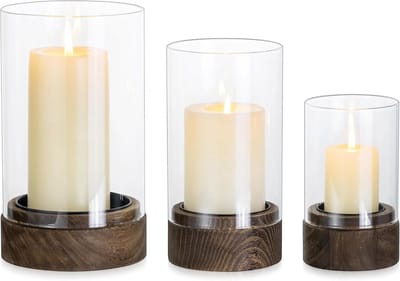 Windlichten met Houten Bodem - Kaarsglazen Set - Sfeerverlichting Creëren - Hittebestendig Glas - Set van 3 - Transparant