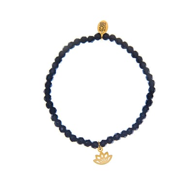 CO88 Collection 8COSAM-220076 Kralenarmbandje Met Hangertje Lotusbloem - 4 mm Dikte - Zwart Agaat - Goudkleurig