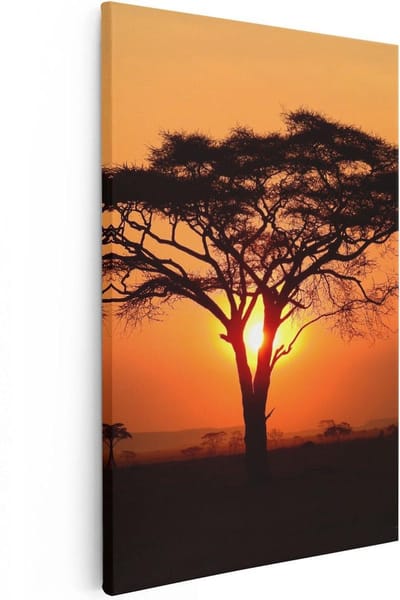 Artaza Canvas Schilderij Zonsondergang - 20x30 cm - Klein - Wanddecoratie Afrika - Muurdecoratie Boom - Kamer Accessoires Natuur