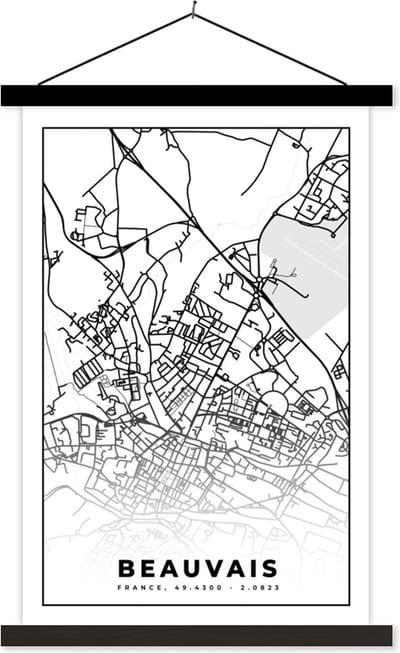 Posterhanger incl. Poster 40x60 cm - Schoolplaat - Kaart - Plattegrond - Beauvais - Frankrijk - Stadskaart - Zwart wit - Textielposter - Zwarte latten - Stadskaart
