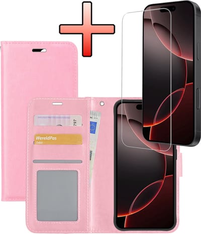 Hoesje - Met Screenprotector - Geschikt voor Apple iPhone 16 Pro - Luxe Pasjeshouder - Bookcase Portemonee - Flip Case - Kunstleer Book Case - Flipcase - Book Cover - Walletcase - Portemonneehoes - Lichtroze