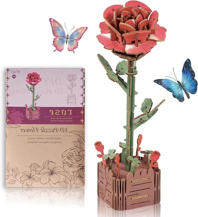 3D Houten Puzzel Roos - Modelbouw Bloem - Decoratie Woonkamer - Lasergesneden Hout - 97 Stukjes - Roze