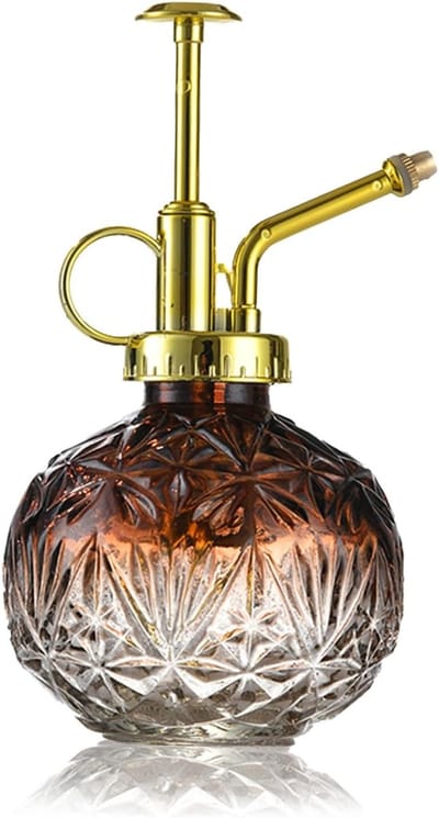 Dailygoods - Glazen plantenspuitfles, 240 ml, retro reliëf, plantenspuit met pomp, bloemenverstuiver, drukspuit voor balkon, kleine tuinplanten, binnen huis of kantoor, koffiekleur + gouden sproeikop