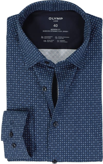 OLYMP 24/7 modern fit overhemd - tricot - marine blauw dessin - Strijkvriendelijk - Boordmaat: 42