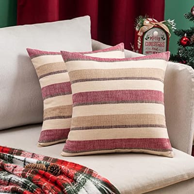 Gestreepte Kussenhoezen Set van 2 - Decoratieve Kussenslopen voor Woonkamer en Slaapkamer - 45 x 45 cm - Wijnrood