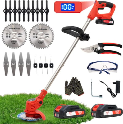 Accu grastrimmer met accu, Opvouwbare grasmaaier，gazonkantentrimmer met 2 accu's 21V en 4 mestypen + 1 tuinschaar