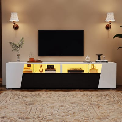 REDOM - Tv-Meubel - Hoogglans Met Ledverlichting En Opbergruimte - Modern - Voor Woonkamer - MDF En Glas - Wit Zwart - 180 X 38,5 X 45 Cm