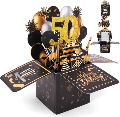50th Verjaardag Kaart - Pull-out 3D Verjaardagskaart - Pop-up Kaart met Envelop - Verjaardagscadeau voor Vrouwen - Kinderen - Vriendin - Mannen (Zwart en Goud)