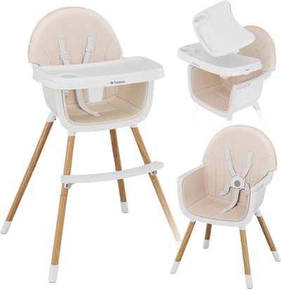 Tulano Morsel Hoge stoel voor baby's en peuters, in hoogte verstelbaar, 5-punts veiligheidsgordel, afneembaar dienblad, stabiele stalen poten, belastbaar tot 25 kg, houten poten & antislip