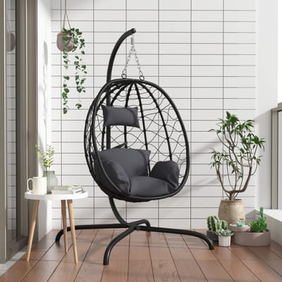 vidaXL - Hangende - Ei-stoel - met - Kussen - Antraciet - Poly - Rattan - & - Staal