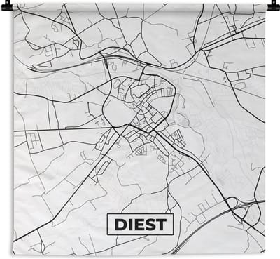 Wandkleed - Wanddoek - Zwart Wit – België – Plattegrond – Stadskaart – Kaart – Diest - 180x180 cm - Wandtapijt