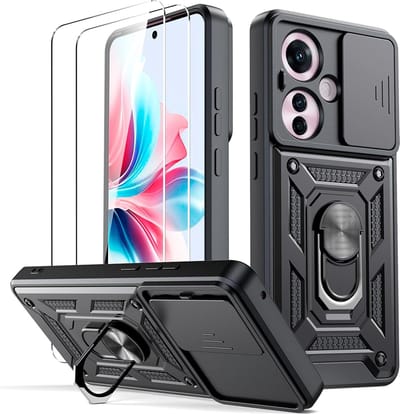 Casemania Hoesje Geschikt voor Oppo Reno 11F - Reno 11 F - Zwart & 2X Glazen Screenprotector - Anti-Shock Hybrid Armor Back Cover - Hoes met Kickstand Ring en Camera Bescherming