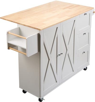 Serveerwagen keuken 1430 x 680 x 990 mm, 136 kg draagvermogen, keukenopslag met handdoekhouder en 2 lades, magnetronkast met massief houten blad