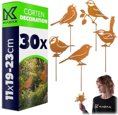 KADAX tuinplug vogels van cortenstaal, set van 30, metalen tuindecoratie in roestlook, roestplug voor tuin, roestvrijstalen tuindecoratie om in te pluggen, bloemenplug