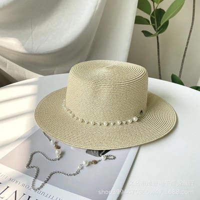 Franse Vintage Parelketting Strooien Boater Hoed Dames Zomer Brede Rand UV-bescherming Elegante Zonneklep Verstelbaar M 56-58cm beige