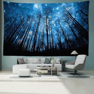 Donkerblauwe Sterrenhemel Bos Wandtapijt Wandhanger Mysterieus Hippie Nachtzicht Esthetische Kamer Boheemse Kamerdecoratie 95x70CM