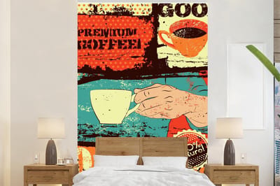 Behang - Fotobehang Koffie - Vintage - Koffiekop - Collage - Breedte 145 cm x hoogte 220 cm