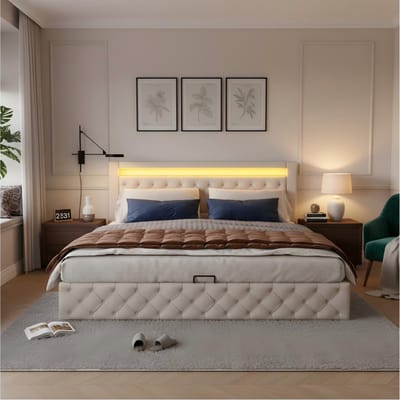 Gestoffeerd bed - 140x190 cm - Hydraulisch met LED Verlichting - Inclusief Lattenbodem - PU - Wit