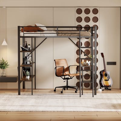 STILVORA Hoogslaper Bed 90x200 Cm – Met Bureau en 3 Opbergrekken – Ruimtebesparend Studeer- en Slaapgedeelte – Metaal – Zwart – Zonder Matras