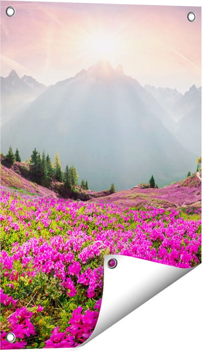 Gards Tuinposter Rhododendron Bloemenveld in de Alpen - 40x60 cm - Tuindoek - Tuindecoratie - Wanddecoratie buiten - Tuinschilderij