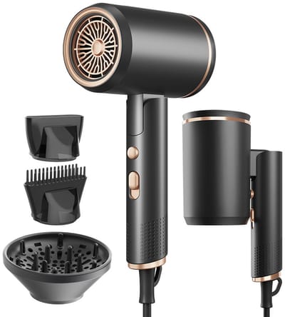 Opvouwbare draagbare ionische haardroger - Compacte mini-haardroger met diffuser, concentrator en kamopzetstuk; intelligente temperatuurregeling; geluidsarm; geschikt voor thuis, salon en op reis (zwart)