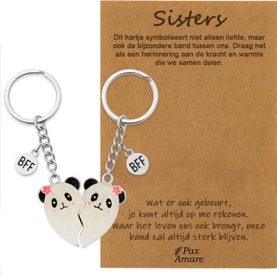 BFF Sleutelhanger voor 2 'Sisters' - Magnetisch Hartje Panda's - Sleutelhangers op Cadeau Kaartje - Zilverkleurig - Vriendschap Symbool - Pax Amare