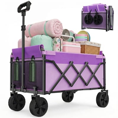 STILVORA Tuinkar – Opvouwbaar 100 Liter 100 kg – 74 x 46 x 96,5 cm – Staal en 600D Oxford – Paars – Voor Tuin Camping en Boodschappen