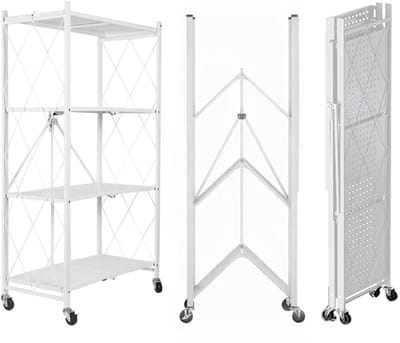 FOXSPORT Inklapbare plank kast - Stellingkast Met 360° wielen - 4 laags 72x37x124CM - Open Vakkenkast - Wandkast - Keuken Organizer - Keuken Opslag - Boekenkast - Opbergrek Magnetron - Keukenrek - Roestvrij Staal