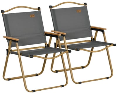 Set van 2 kampeerstoelen, opvouwbare tuinstoelen met stalen frame, houtlook, opvouwbare stoel voor zwembad, strand, Oxford, donkergrijs