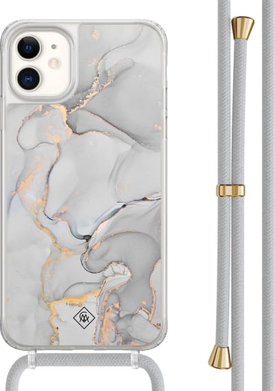 Casimoda® hoesje met grijs koord - Geschikt voor iPhone 11 - Marmer Grijs - Afneembaar koord - TPU/acryl - Grijs