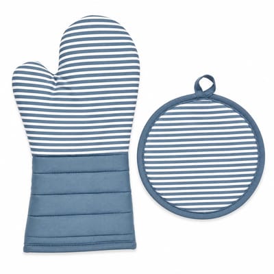Ovenhandschoen en Pannenlap Set – Blauw/Grijsblauw – 2-delige Keukenset met Witte Strepen – Ovenwant 18 x 34 cm + Ronde Pannenlap Ø 21 cm
