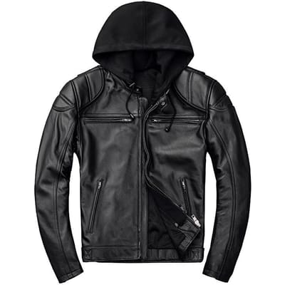 Heren Eerste Laag Rundleer Jas met Afneembare Capuchon, Beschermende Uitrusting en Zak XXL black