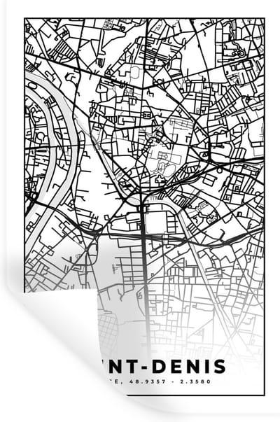 Muurstickers - Sticker Folie - Plattegrond - Kaart - Frankrijk - Saint-Denis - Stadskaart - Zwart wit - 20x30 cm - Plakfolie - Muurstickers Kinderkamer - Zelfklevend Behang - Zelfklevend behangpapier - Stickerfolie