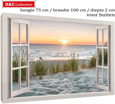 Tuincanvas tuinposter doorkijk - 75x100x2 cm - doorkijk - wit venster - duinen en zee - zonsondergang - tuindoek op houten frame gespannen - tuinposter voor buiten