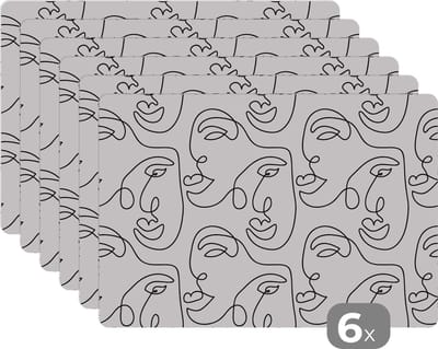 Placemat - Placemats kunststof - Line Art - Patronen - Zwart Wit - 45x30 cm - 6 stuks - Hittebestendig - Anti-Slip - Onderlegger - Afneembaar
