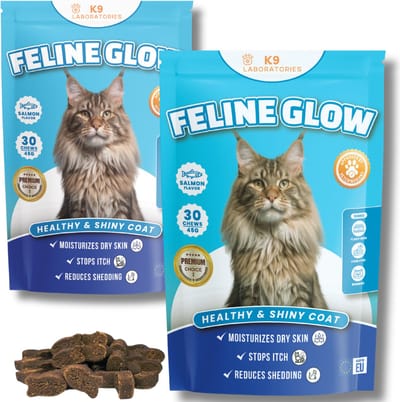 Feline glow vacht supplement voor katten - Kattensnoepjes - Voedingssupplement tegen vachtverlies, schilferige huid, rode irritatie, atopie, dermatitis - Bevat Omega 3, EPA & DHA, biotine, zink - 60 stuks