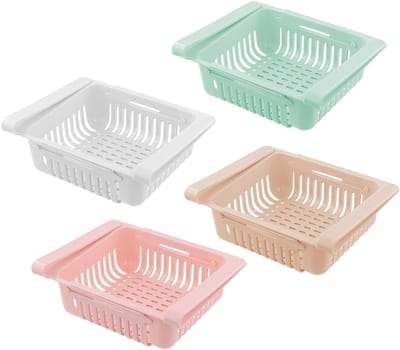 Set van 4 Koelkast Organizer Racks met Uittrekbare Lades, Ideaal voor Koelkastopslag en Ruimtebesparing (Blauw, Wit, Roze, Beige)