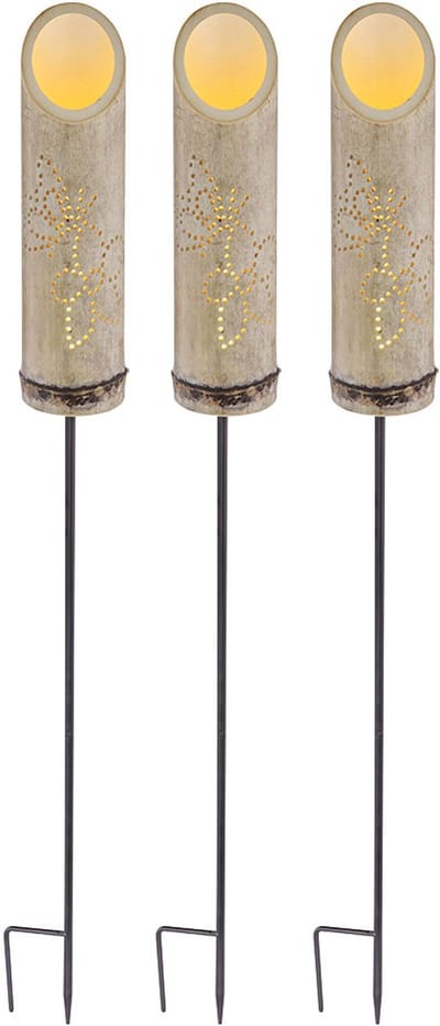 Steeklamp bamboe solarlamp grondspies solar, decoratieve geponste gaatjes, groen, LED warm wit, DxH 12x79,5 cm, set van 3