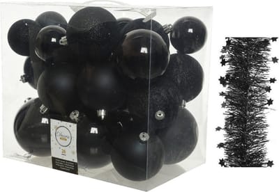 Kerstversiering kunststof kerstballen 6-8-10 cm met sterren folieslingers pakket zwart van 28x stuks - Kerstboomversiering