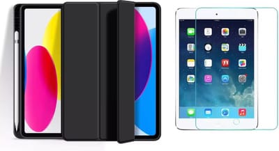 Techgrip - Tablet Hoes Geschikt voor iPad Air 1 en Air 2 Inclusief 9H HD Screenprotector Beschermglas - 9.7 inch Smart Cover Tablet hoes met Aan en Uit functie - Bookcase hoes met styluspen opbergvak Zwart