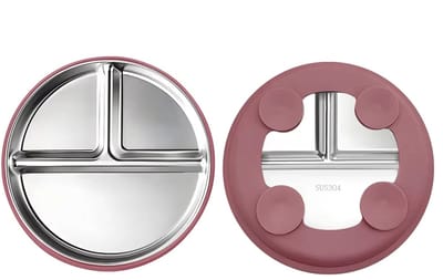 RVS Bord Baby - Roestvrijstalen Kinderbord - Met Roze Siliconen Zuignap - Vaatwasserbestendig, magnetronbestendig & BPA-Vrij - Verdeelbord met 3 Vakjes - Kinderservies 21x21 cm - Antislip Bord voor Baby's en Peuters