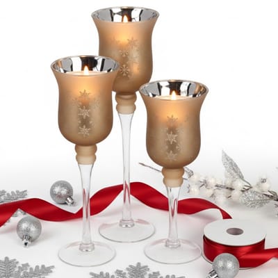 Lomera Luxe Kandelaren Set - Glazen Kandelaren - Kandelaar Set - Kerst Kaars - Set Van 3 - Kerst Kandelaren - Woonkamer Decoratie - Kerstdecoratie - Glazen Kaarsenstandaard - Luxe Sfeer Decor - Kaarsenhouder Kerst - Goud
