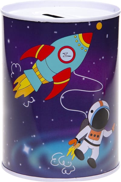Blauwe spaarpot ruimte 7.5 x 10 cm - Blikken/metalen spaarpotten ruimte raket astronaut