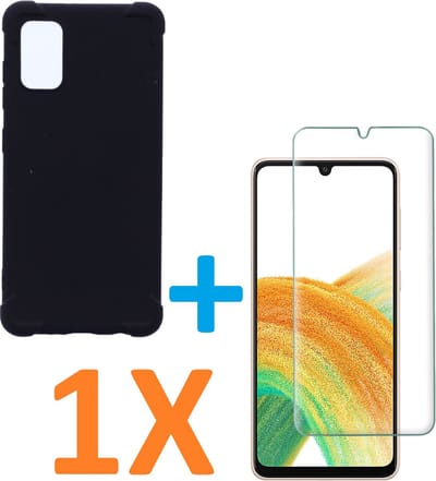 Anti-Shock silicone hoesje zwart met 1 Pack Tempered glas Screen Protector Geschikt voor: Samsung Galaxy A33 5G