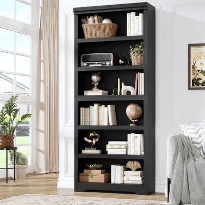 Hoge Boekenkast met 6 Planken - Zwarte Open Vakkenkast met Verstelbare Planken - Opbergkast voor Woonkamer, Kantoor & Slaapkamer - 190 cm Hoog