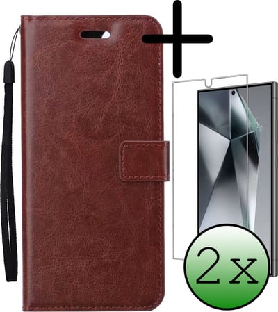 Hoesje Met 2x Screenprotector - Geschikt voor Samsung Galaxy S24 Ultra - Luxe Pasjeshouder - Bookcase Portemonee - Flip Case - Kunstleer Book Case - Flipcase Hoes - Book Cover - Walletcase - Portemonneehoes - Bruin