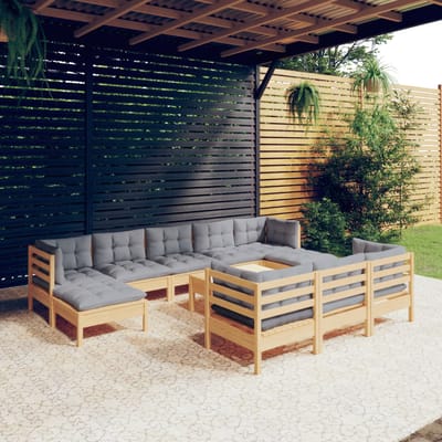 vidaXL - 11-delige - Loungeset - met - grijze - kussens - massief - grenenhout