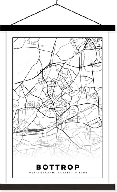 Posterhanger incl. Poster 40x60 cm - Schoolplaat - Bottrop - Plattegrond - Kaart - Stadskaart - Textielposter - Zwarte latten - Stadskaart